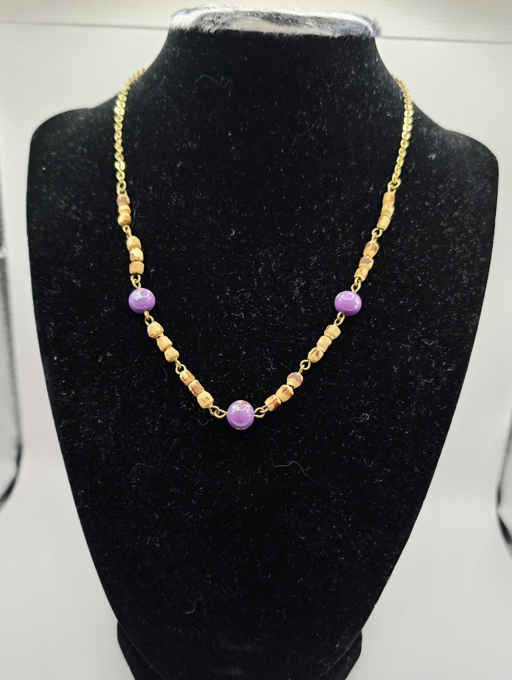 Gold & Lavender Beaded Necklace Wooden Beads